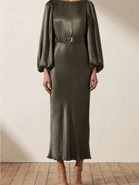 Shona Joy Olive Satin Maxi Dress with Puff Sleeves
